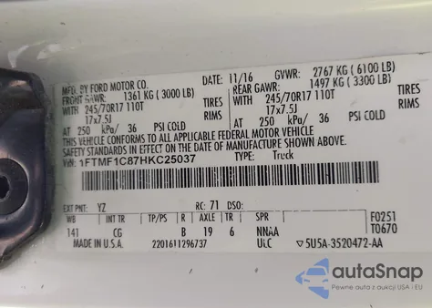 2017 Ford F-150 Xl from USA, damaged, VIN 1FTMF1C87HKC25037